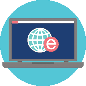 Icon of a laptop computer with a globe and "e" on the screen