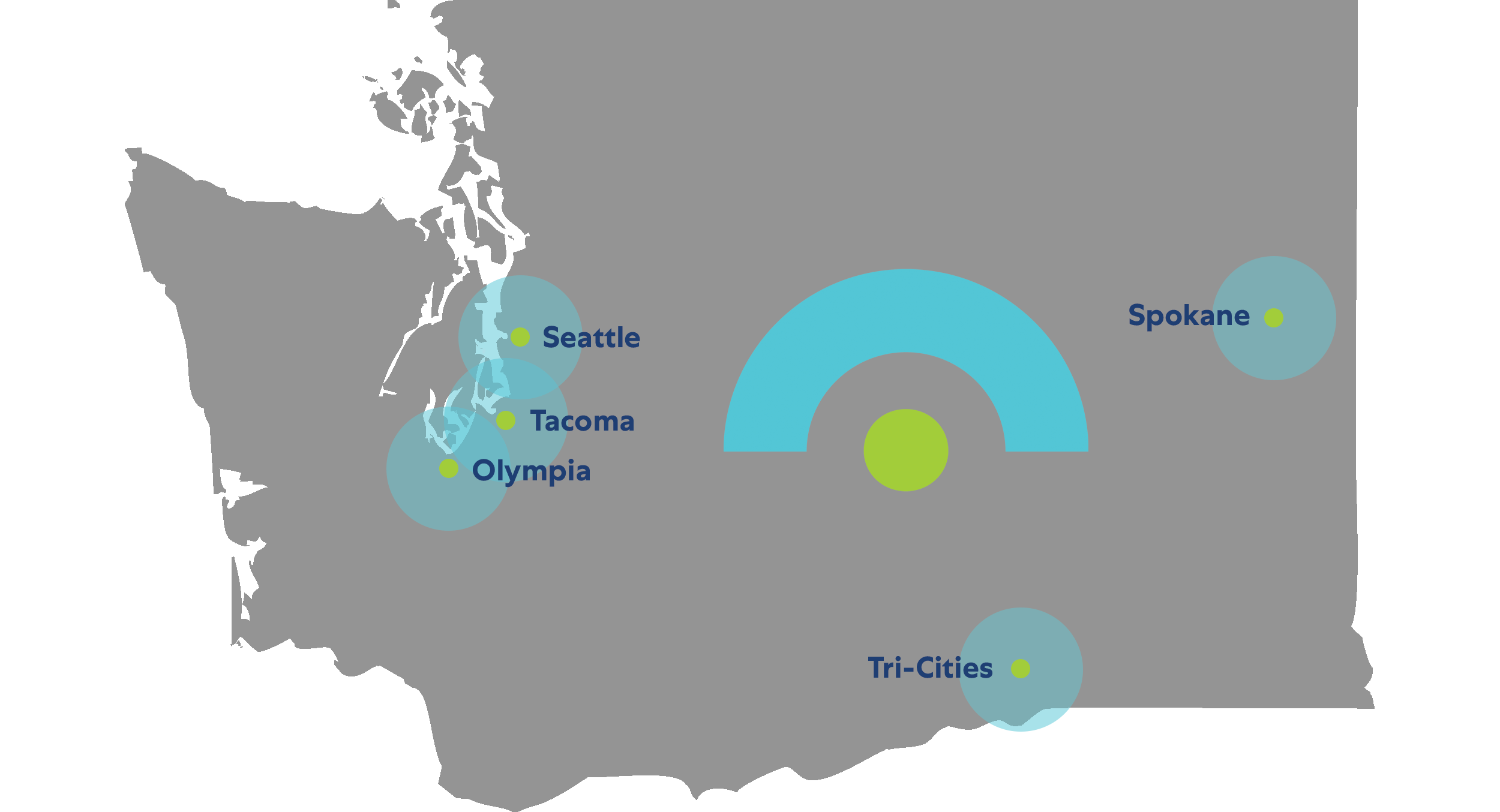 A map of Washington state showing Embright location pins in Seattle, Tacoma, Olympia, Tri-Cities, and Spokane