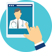 Icon of a hand tapping on a tablet showing a virtual healthcare call
